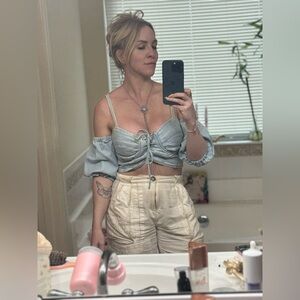 Light Blue Off-Shoulder Lace-Up Crop Top